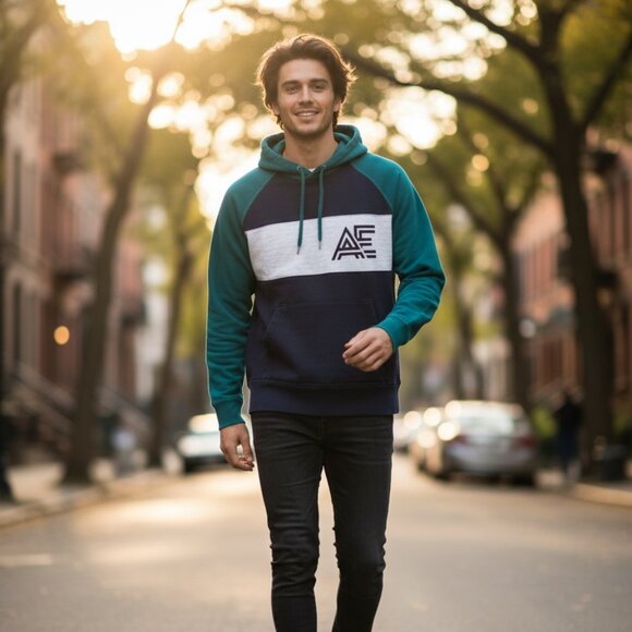 American Eagle AE Hoodie Teal Gray Navy Pullover Sweatshirt Medium - Picture 7 of 8